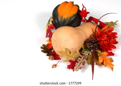 Butternut And Acorn Squash In Autumn Setting Isolated On White