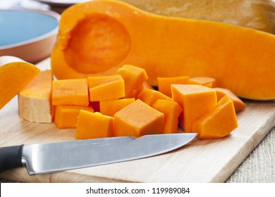 Butternut Squash, Cut Into Cubes And Ready For Cooking