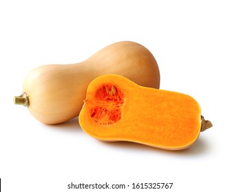 Butternut Squash Pumpkin Cut In Half With Yellow Flesh Isolated On White Background With Clipping Path.