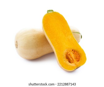 Butternut Squash Or Butternut Pumpkin Or Gramma Isolated On White Background. Winter Autumn Vegetable Food            