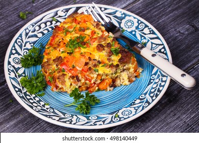 Butternut Squash And Sausage Frittata. Pumpkin, Meat, Red Pepper And Egg Casserole