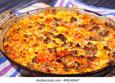 Butternut Squash And Sausage Frittata. Pumpkin, Meat, Red Pepper And Egg Casserole