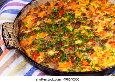 Butternut Squash And Sausage Frittata. Pumpkin, Meat, Red Pepper And Egg Casserole