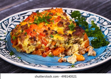 Butternut Squash And Sausage Frittata. Pumpkin, Meat, Red Pepper And Egg Casserole