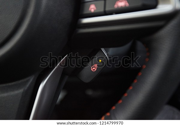 Button for hot heating of the steering wheel,\
close-up in the car.