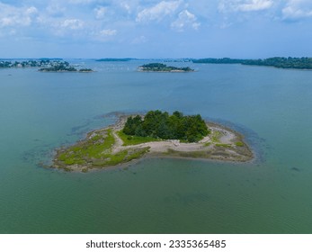Button Island aerial view in Hingham Harbor in town of Hingham near Boston, Massachusetts MA, USA. This Island belongs to Boston Harbor Islands Park. 