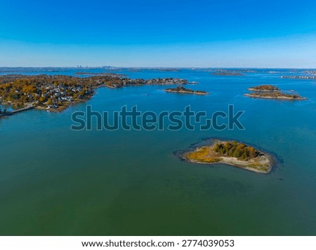 Button Island in fall aerial view in Hingham Harbor in town of Hingham near Boston, Massachusetts MA, USA. This Island belongs to Boston Harbor Islands Park. 