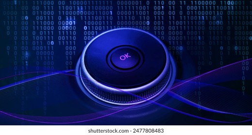 Button with OK on digital background of 0 and 1. Futuristic technology button with binary code background and digital wave overlay, for tech visuals, programming projects, interface designs.Copy space