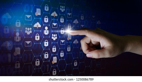 button on virtual screen pressed with finger Global network security world map Key lock security system abstract technology world digital link cyber security hi tech Dark blue background password