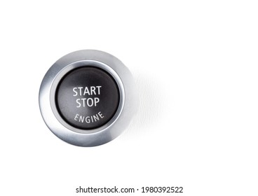 Button Start And Turn Off The Ignition Of The Car Engine Close-up On The Dashboard, Electric Key, Pressing Drives The Motor Vehicle Of Modern Design On White Isolated Background.