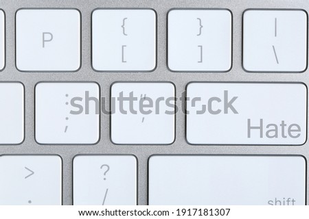 Button with text Hate on computer keyboard, top view