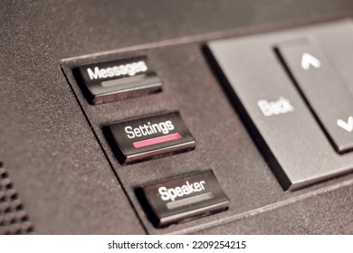 Button With Text Speaker, Messages And Setting On Landline Phone In Office, Closeup