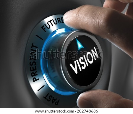Button vision pointing the future with blur effect plus blue and grey tones. Conceptual image for illustration of company or business anticipation or strategy.