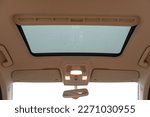 Buttons on the panel to open or close the hatch in the car. Сloseup of hatch on beige roof. Interior view of car roof or ceiling. Programmable buttons for opening and closing the garage and gates.