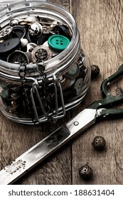 buttons and sewing tools