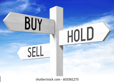 Buy, Hold, Sell - Wooden Signpost