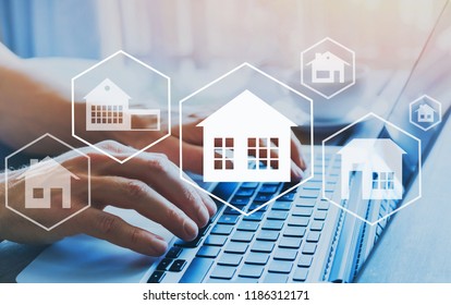 Buy House, Real Estate Concept, Different Offers Of Property Online, Hands Typing On Computer As Background