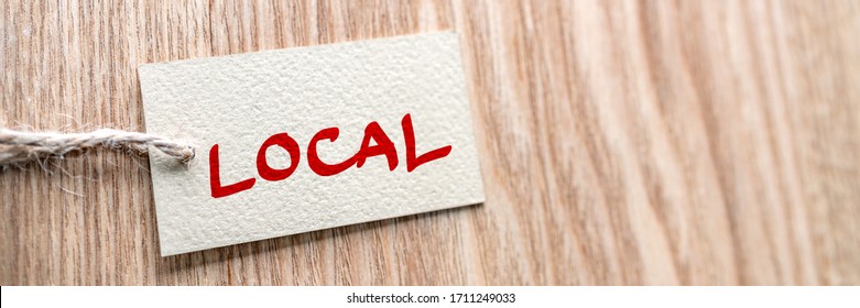 BUY LOCAL label shopping store banner wood texture background. Support small local shops businesses of your community during economic recession by locally in retail stores.