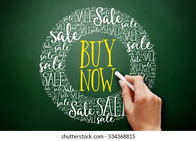 BUY NOW Sale word cloud collage, business concept on blackboard