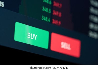 Buy Or Sell Buttons Concept. Close Up Computer Screen View Background Of Stock Exchange Market Order Online Trading Strategy Choice Of Buying And Selling Crypto Currency Shares To Get Profit Growth.