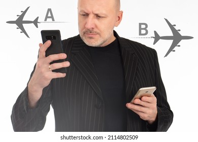 Buying air tickets through application concept. Airplane silhouettes as a metaphor for buying air tickets. Application for selling plane tickets. Businessman with smartphones on a white background.