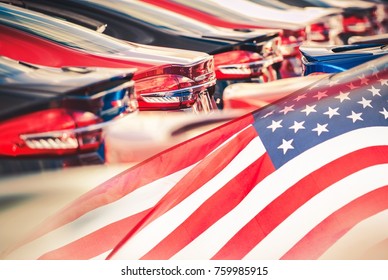 Buying American Made Cars. Supporting American Economy Concept Photomontage With Cars And USA Flag