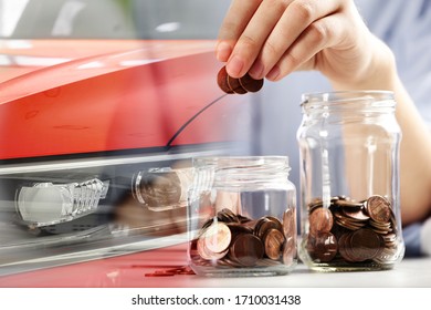 Buying Car. Double Exposure Of Auto And Woman Putting Coins Into Jar