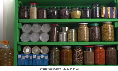 Buying Food In Bulk During The Coronavirus Lockdown Period. Home Pantry Shelves With Long-term Storage And Canned Products