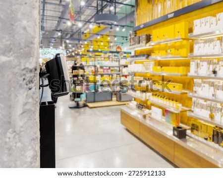 buying make up at cosmetics section in store,self checkout systems in  retail stores,Barcode scanner,Self checkout machine