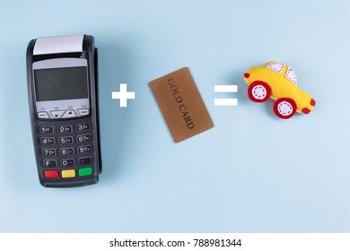 Buying a new car concept. Felt toy car with terminal