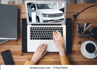 Buying Online. Woman Choosing Car Using Laptop, Top View