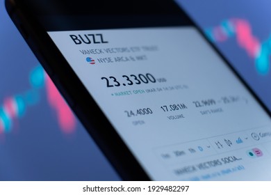 BUZZ ETF Tracking Social Media Mems And Trends.. Stock Price Chart Seen. Moscow 5 March 2021.