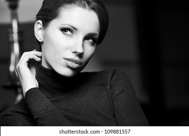 BW Portrait Of Attractive Brunette Sexy Girl