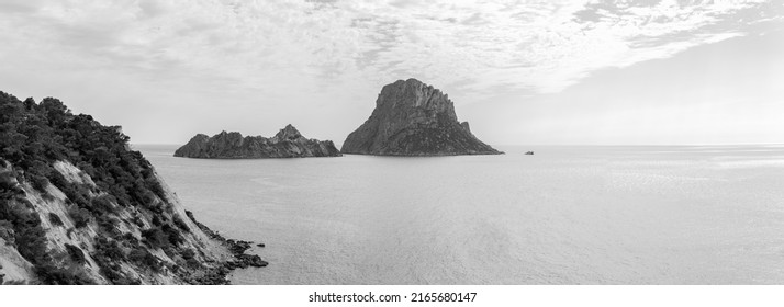 BW view from Mirador Cala d'Hort of Cap Blanc and 2 magnetic islands - small Isla de es Vedranell and Es Vedra island, Ibiza, Balearic Islands, Spain