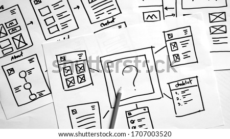 B/W Website Creative planning application developer draft sketch drawing template layout prototype framework wireframe design studio.