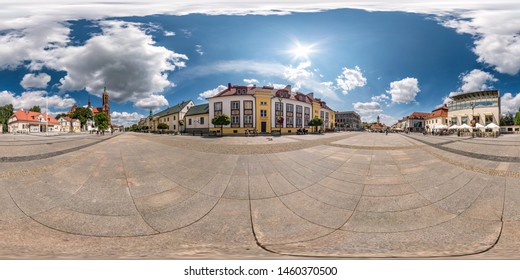 BYALYSTOK, POLAND - JULY, 2019: Full Seamless Spherical Hdri Panorama 360 Degrees Angle View In Medieval Pedestrian Street Place Of Old Town In Equirectangular  Projection. Skybox For VR AR Content