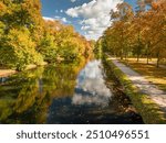 Bydgoszcz canal in autumn in sunny day. Polish golden autumn in city.