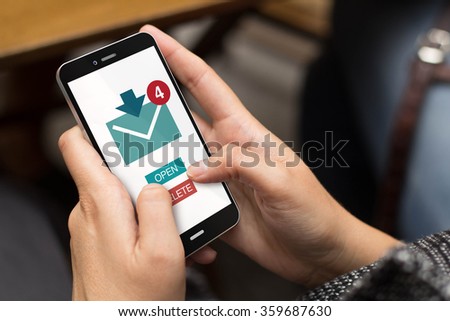 byod concept: girl using a digital generated phone with email on the screen. All screen graphics are made up.