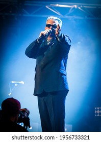 Byron Bay, New South Wales, Australia, April 16 2017 Suggs From Madness Looks Into The Crowd On The Mojo Stage At The Byron Bay Bluesfest. 28th Annual Blues And Roots Festival.
