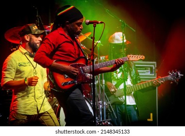 Byron Bay, New South Wales, Australia, April 18 2022, Josh David Barrett, Junior Jazz and Aston Barrett from The Wailers close the Delta stage at 33rd Byron Bay Bluesfest. Blues and Roots festival.