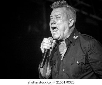 Byron Bay, New South Wales, Australia, April 17 2022, Anthony Albanese introduced Jimmy Barns from Cold Chisel on the Mojo stage at 33rd Byron Bay Bluesfest. Blues and Roots festival.