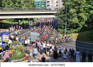 BYTOM, POLAND - JULY 13, 2016: Cyclists Ride In Peloton Of Tour De Pologne Bicycle Race In Poland. TdP Is Part Of Prestigious UCI World Tour.