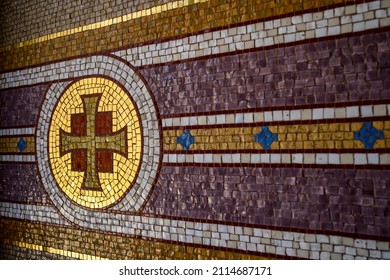 Byzantine Cross Mosaic On A Wall With A Copy Space.