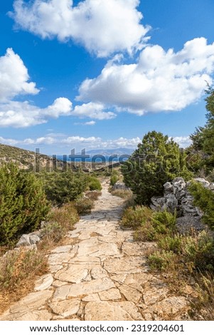 The Byzantine Path, a popular trekking trail in Paros island, Cyclades, Greece, Europe, connecting the traditional villages of Lefkes and Prodromos.