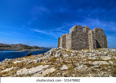Byzantine tower on top of island in National park Kornati - Croatia