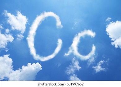 C clouds font calligraphy style ,hand written on sky background. 