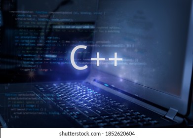 C++ inscription against laptop and code background. Learn C++ programming language, computer courses, training. 