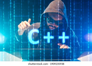 C++ programming. C++ logotype next to programmer. C plus plus. Compiled, statically typed programming language. Programmer in sunglasses in background. Web development. Game developer.