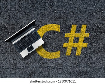  C sharp programming language. Laptop on c# drawn with paint on road asphalt