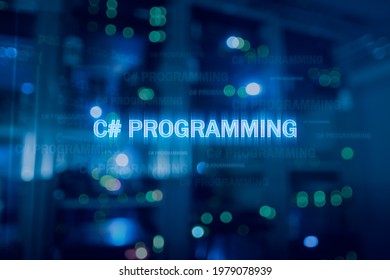 C sharp programming language and server room background. C# programming. 